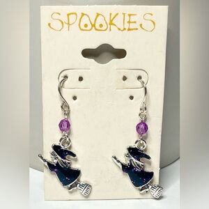 Spookies Brand Witch Dangle Earrings Silver with Iridescent Glitter Purple NWT